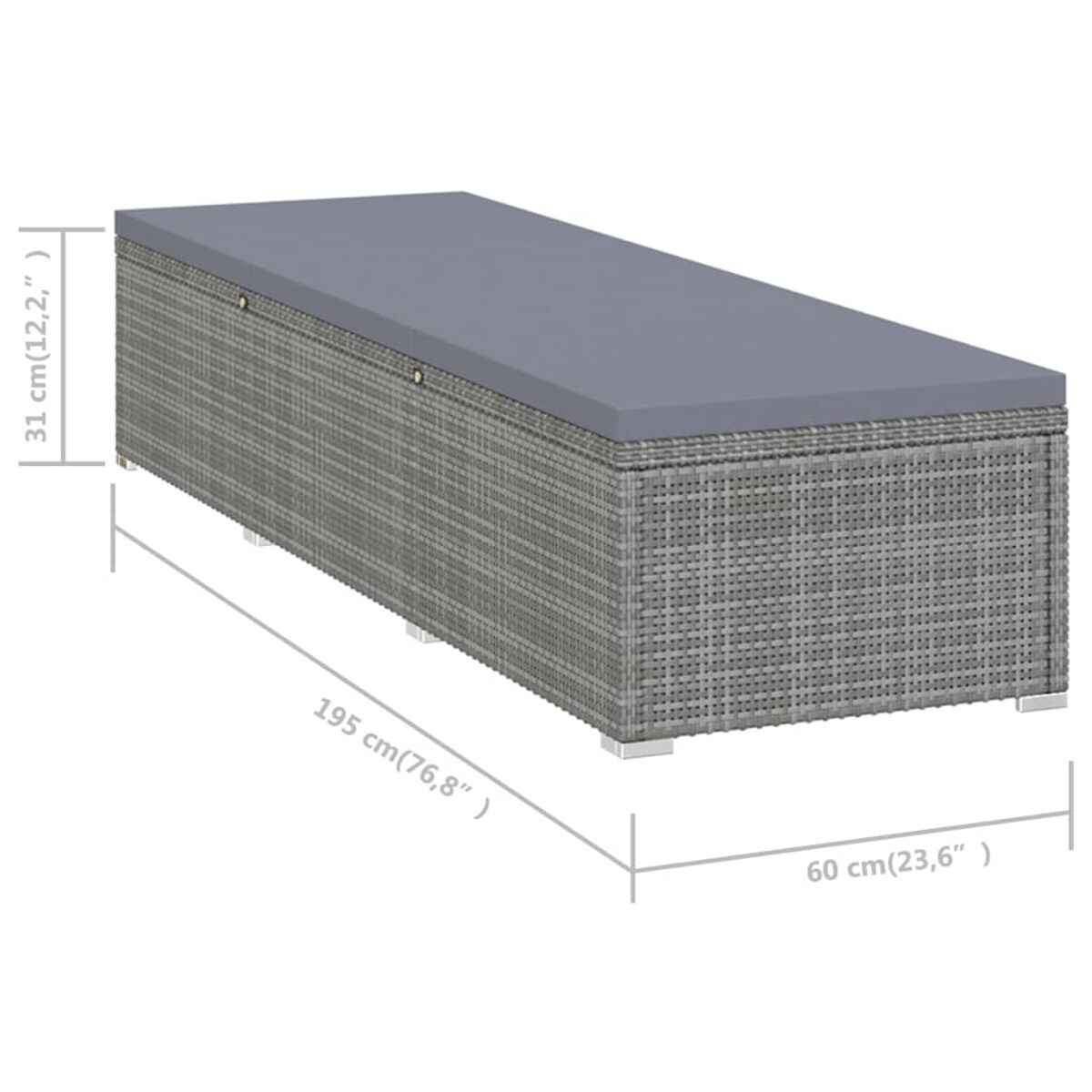Graue Rattan-Aufbewahrungsbox mit grauem Kissenbezug. Abmessungen: 195x60x31 cm.