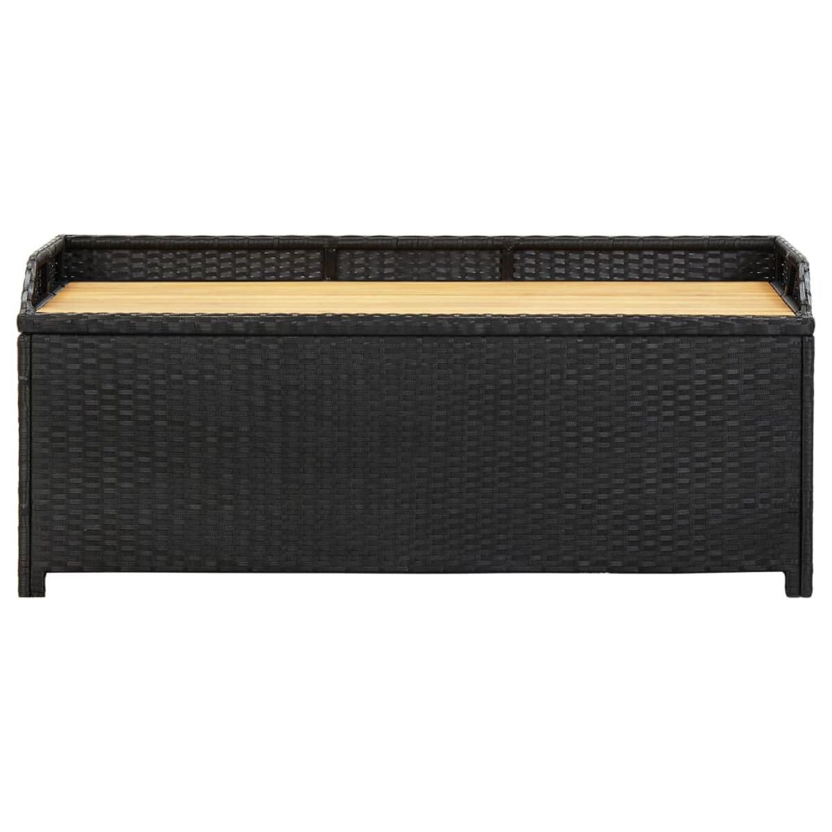Eine schwarze Aufbewahrungsbank aus Korbgeflecht mit einer Holzplatte.