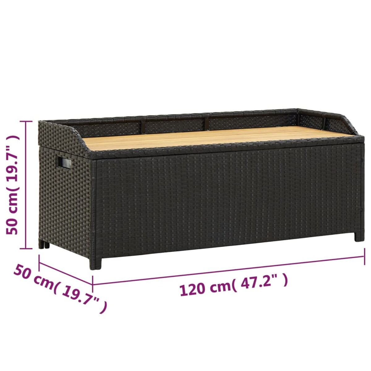 Outdoor-Aufbewahrungsbox aus Korbgeflecht mit Holzplatte. Sie hat die Maße 50x50x120cm.