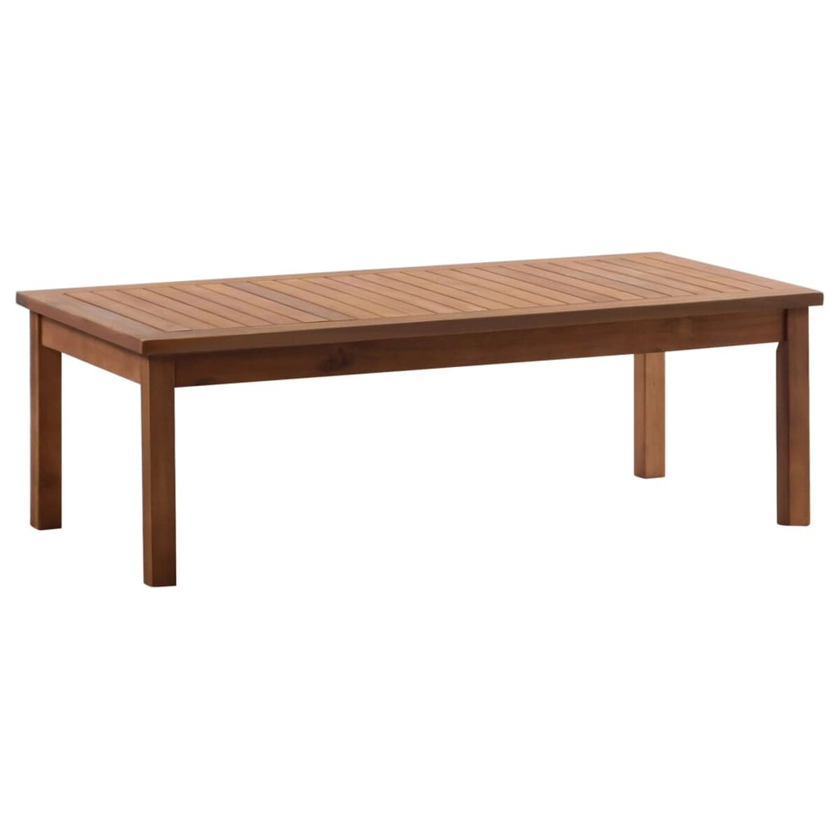 Rechteckiger Holztisch. Er hat eine Lattenoberfläche und vier Beine.