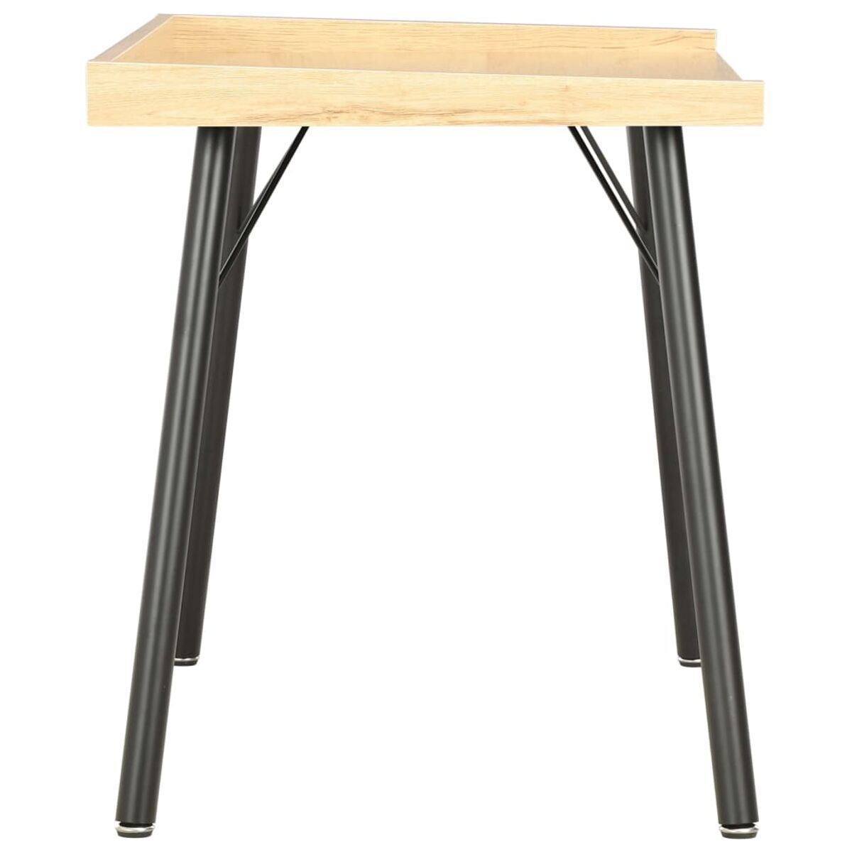 Holzschreibtisch mit schwarzen Metallbeinen und heller Tischplatte.