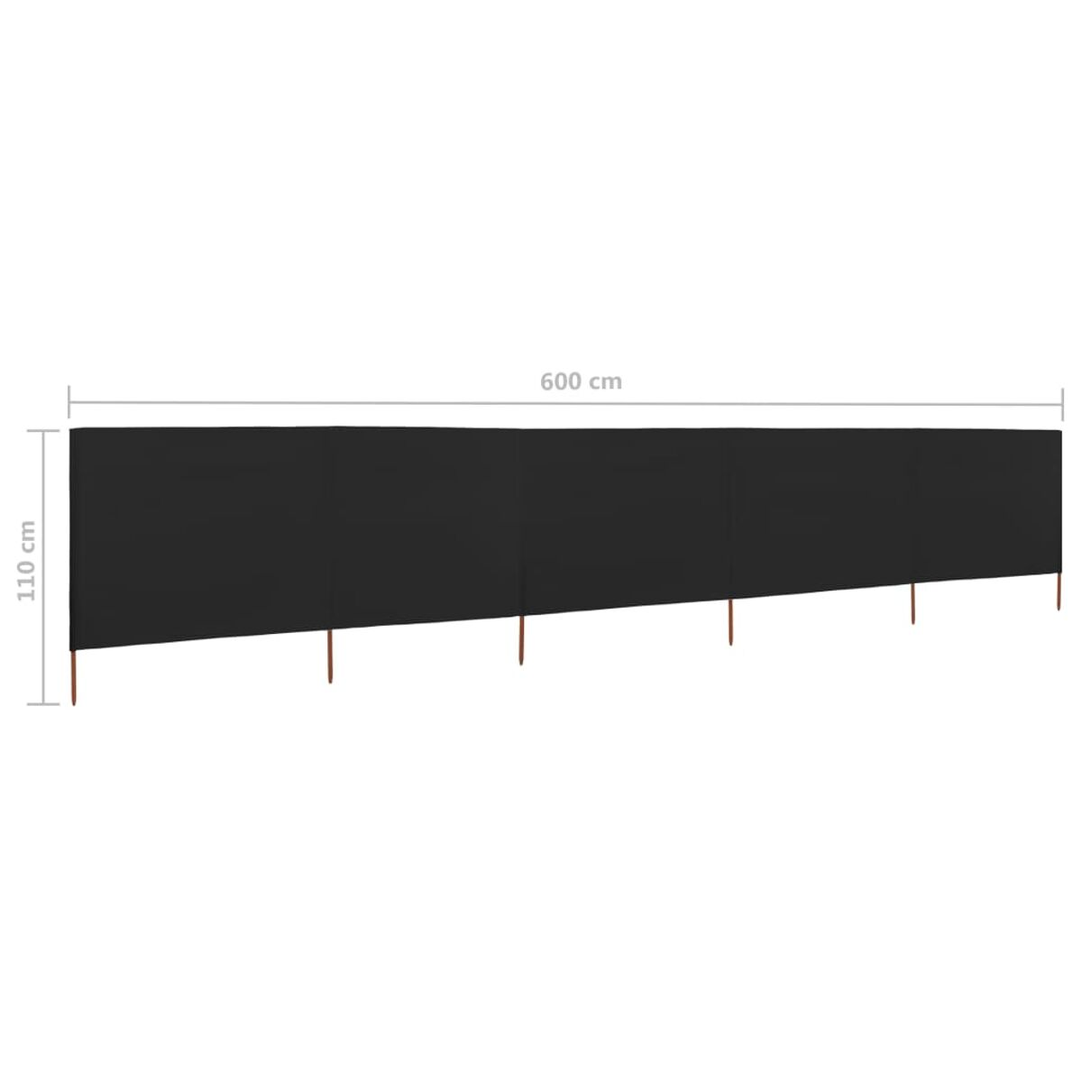 Schwarzer Zaun mit Holzpfosten. Die Maße sind 600 cm x 110 cm. Der Zaun hat eine dunkle Farbe.