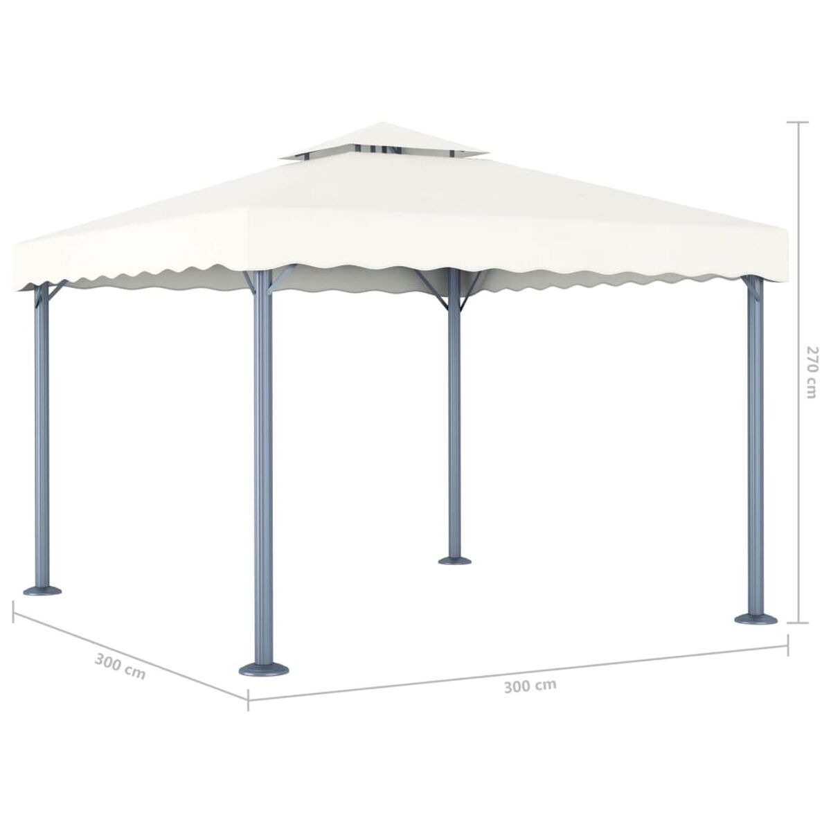 Weißer Pavillon mit quadratischem Dach. Graue Pfosten tragen die Struktur. Abmessungen angegeben.