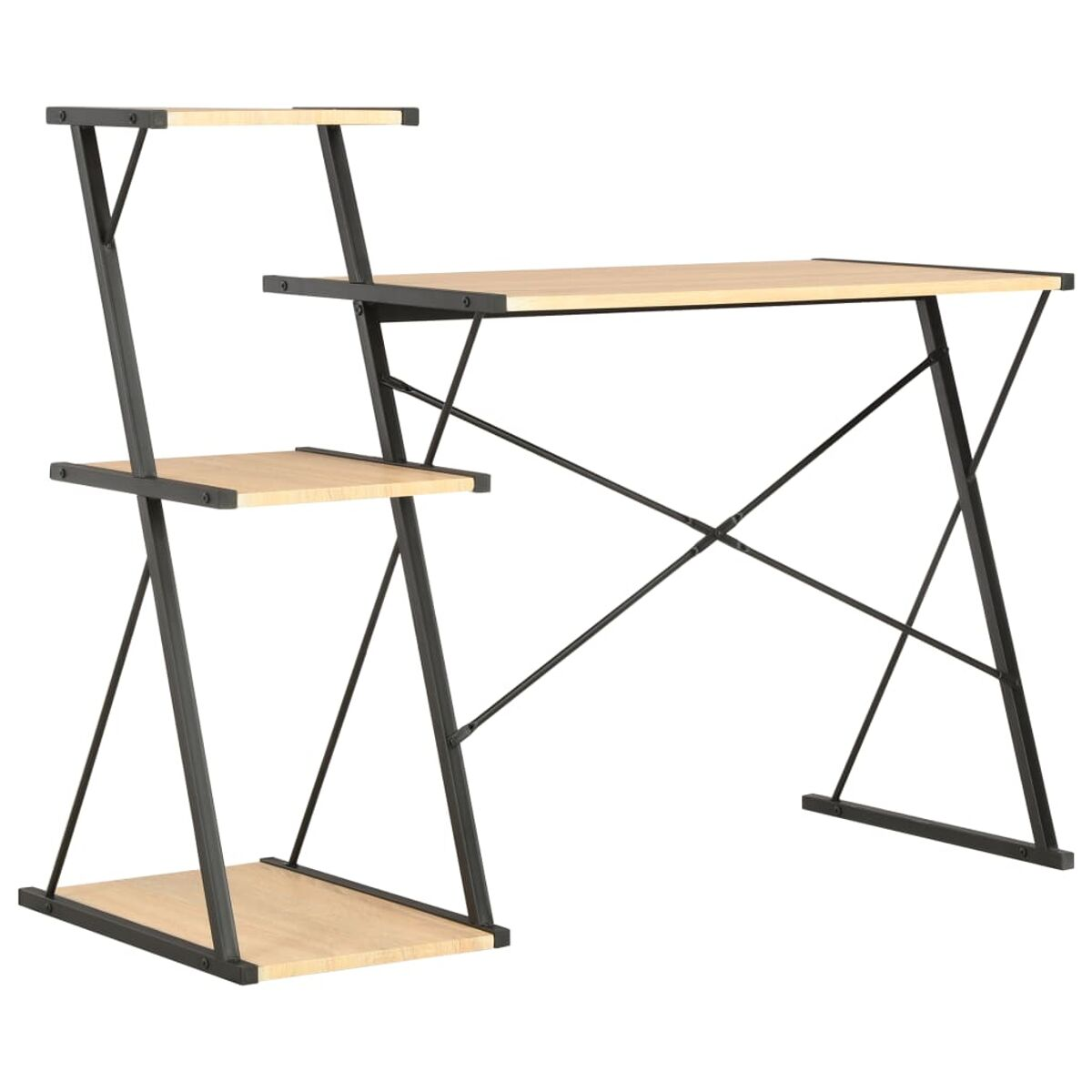 Schwarzer Schreibtisch mit Regalen. Er hat ein schwarzes Gestell mit einer Holzplatte. Er hat ein Regal links.