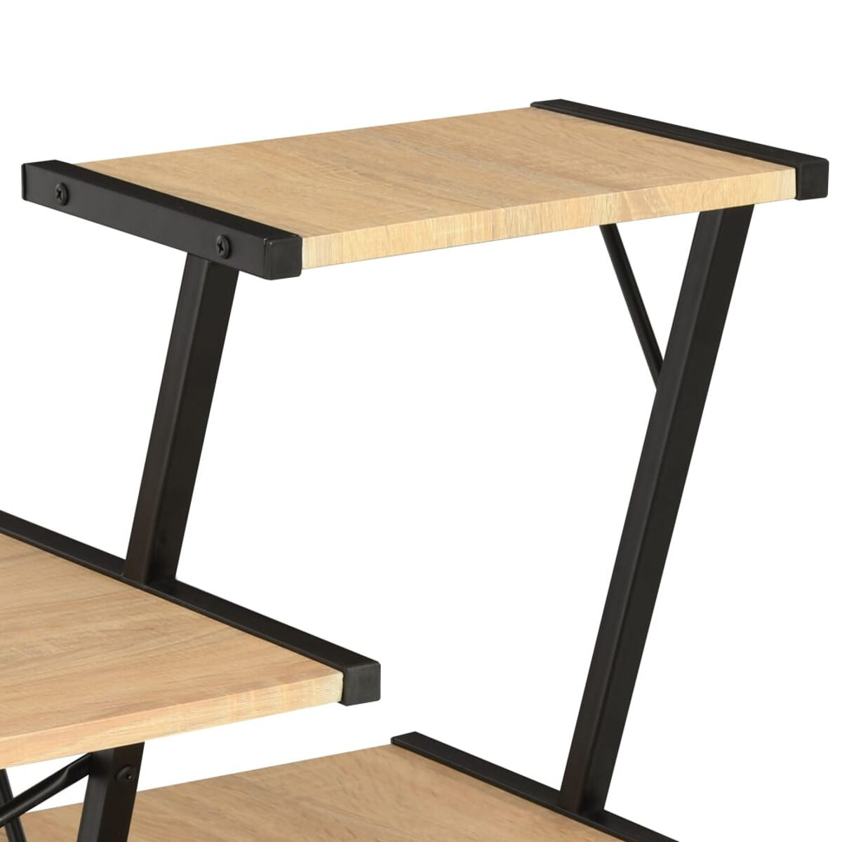 Schreibtisch mit hellen Holzregalen und schwarzen Metallstützen. Schräges Design.