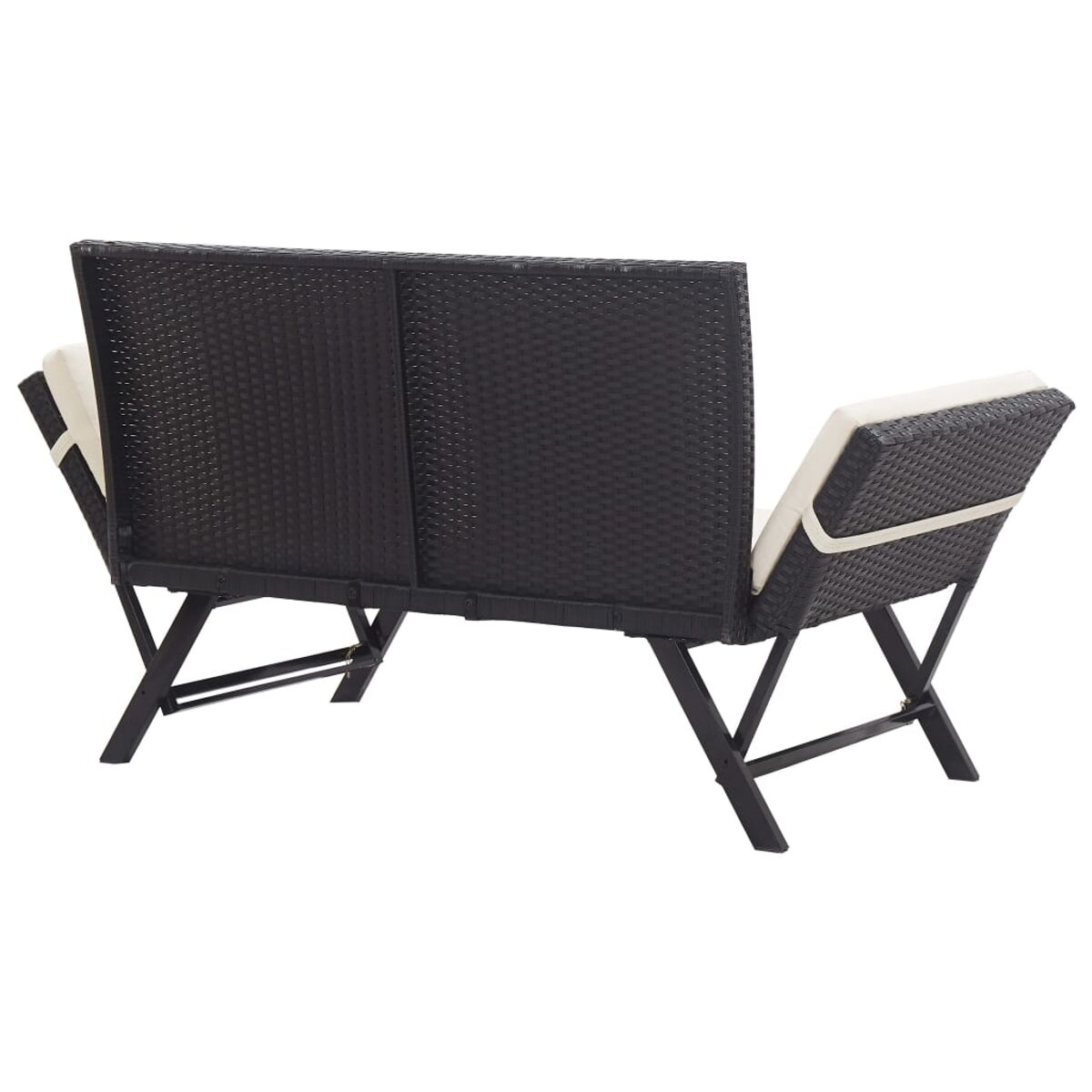 Ein schwarzes Outdoor-Sofa mit gewebter Rückenlehne. Es hat zwei Sitze und ein Klappgestell. Der Hintergrund ist weiß.