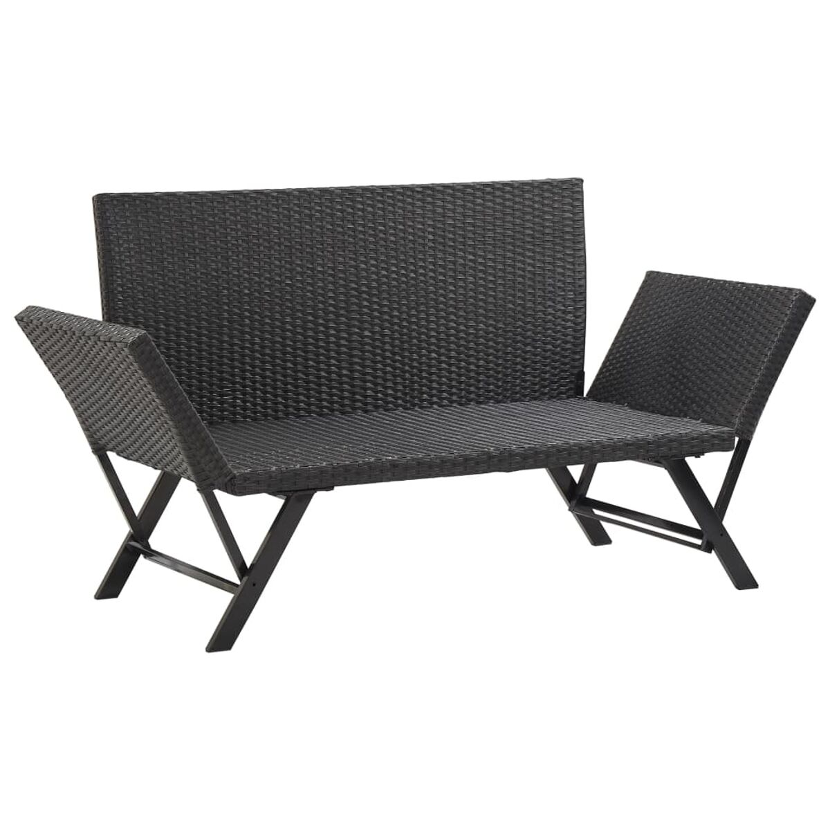 Schwarze Outdoor-Bank aus Korbgeflecht mit klappbaren Seitenlehnen.