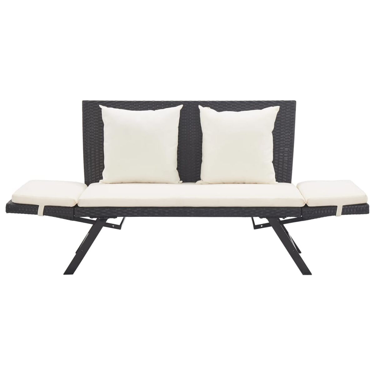 Ein schwarzes und braunes Korbsitzsofa mit weißen Kissen. Der Hintergrund ist weiß.
