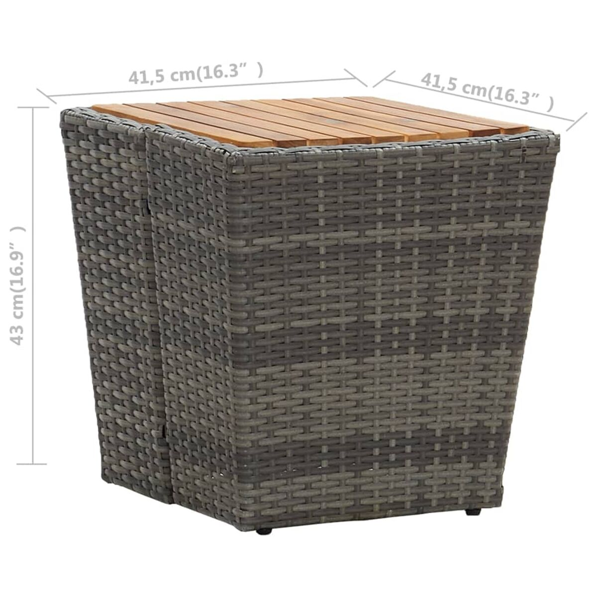 Ein grauer quadratischer Beistelltisch aus Weide mit einer Holzplatte. Es hat die Maße 41,5 cm x 41,5 cm x 43 cm.