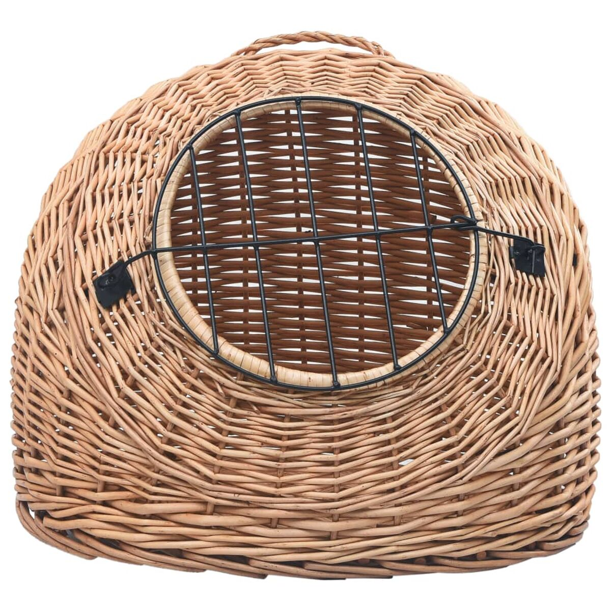 Katzentransportbox aus Korbgeflecht mit einer runden Öffnung, die von einem Drahtgitter bedeckt ist.
