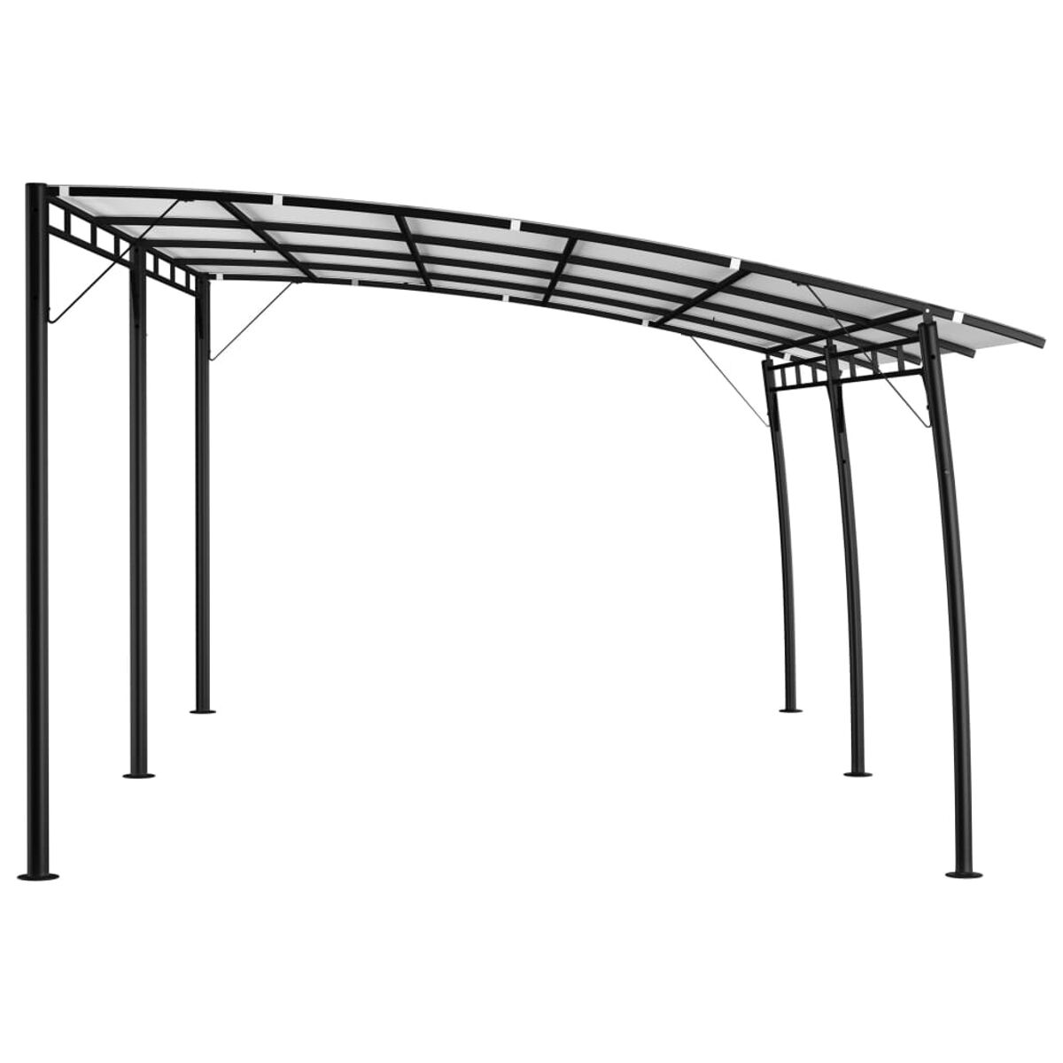 Schwarze Metallpergola mit transparenten Dachpaneelen. Außenstruktur, Gartenschatten.
