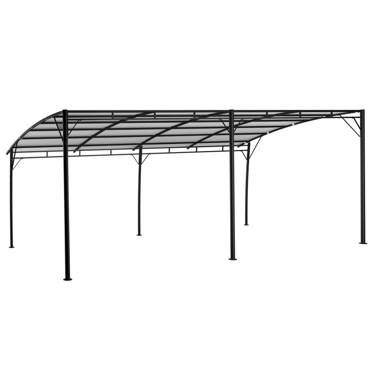 Schwarzer Metallpavillon mit geschwungenem Dach, getragen von sechs schwarzen Pfosten. Weißer Hintergrund.