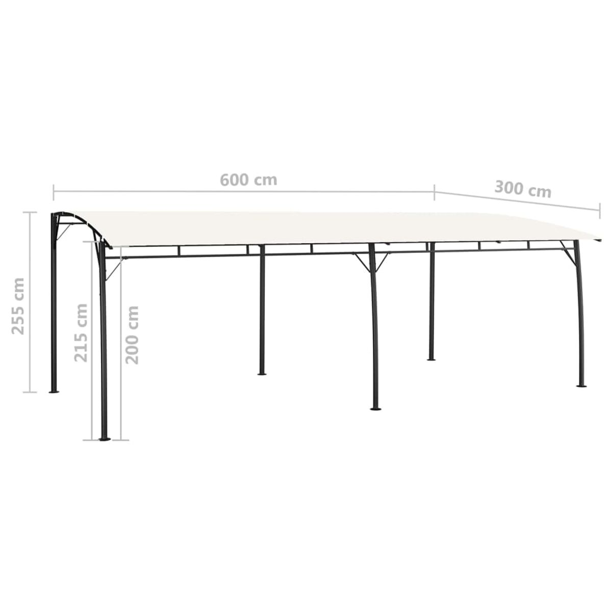 Pavillon mit weißem Baldachin und schwarzem Rahmen. Der Pavillon hat die Maße 600cm x 300cm x 255cm.