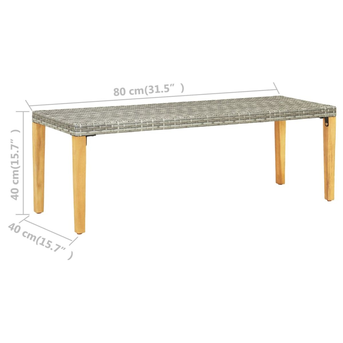 Ein grauer gewebter Tisch mit Holzbeinen. Die Abmessungen sind 80 cm lang und 40 cm hoch.