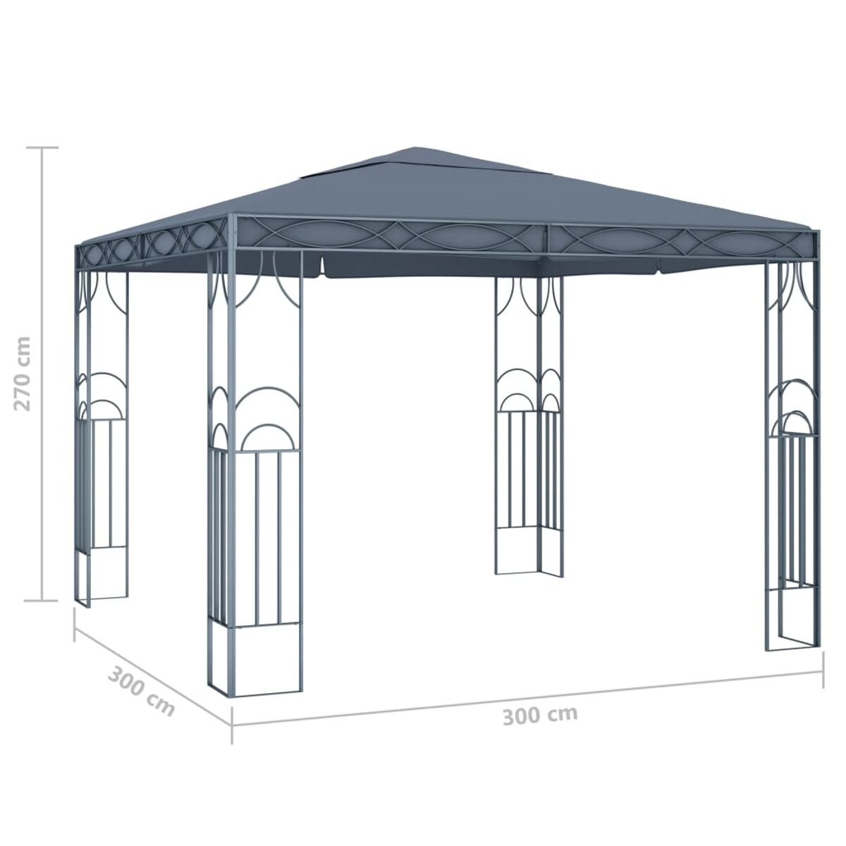 Gartenpavillon mit grauem Dach. Es hat einen rechteckigen Rahmen und vier Stützpfosten.