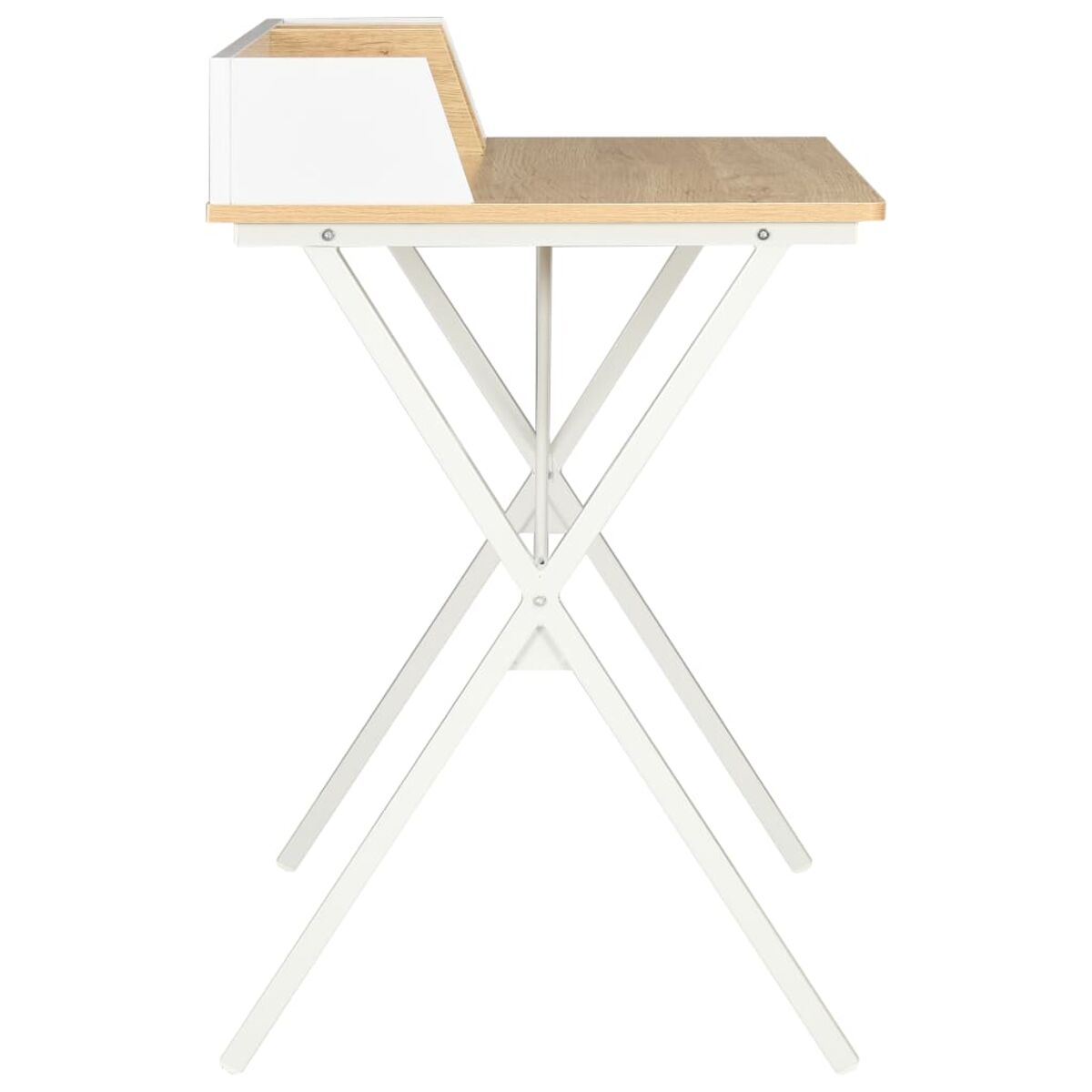 Ein weißer und Holzschreibtisch mit weißer X-förmiger Beinunterstützung.