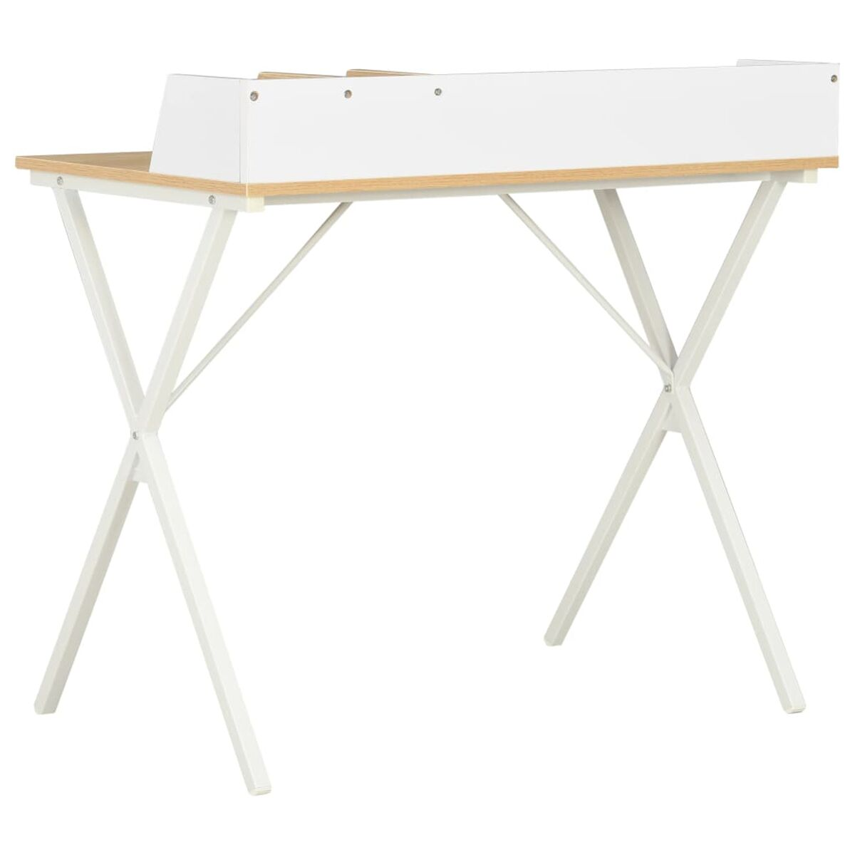 Weißer Schreibtisch mit Holzplatte, X-förmigen Beinen, auf weißem Grund.