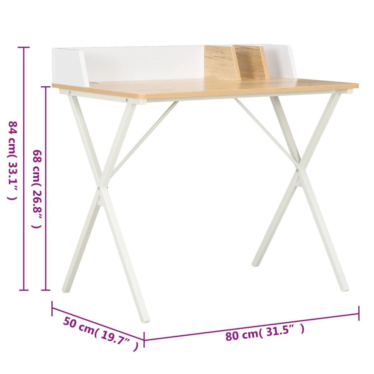 Ein weißer und Holzschreibtisch mit schwarzen Beinen. Abmessungen 84cm x 50cm x 80cm werden angezeigt.