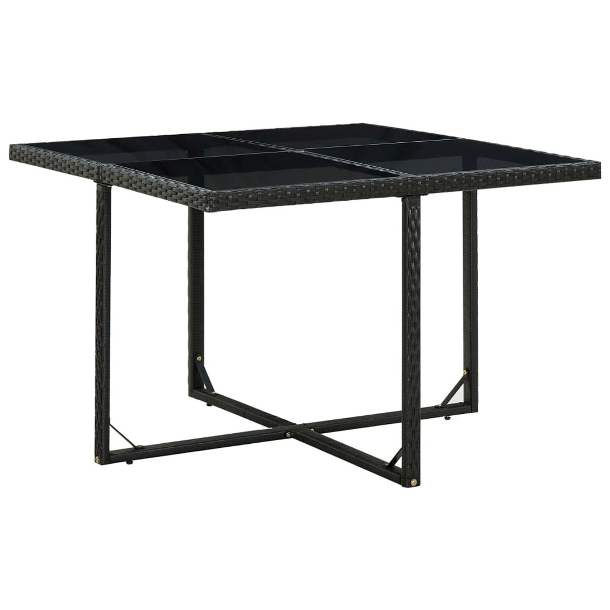 Quadratischer schwarzer Korbtisch mit Glasplatte. Metallbeine mit Kreuzstützen, weißer Hintergrund.