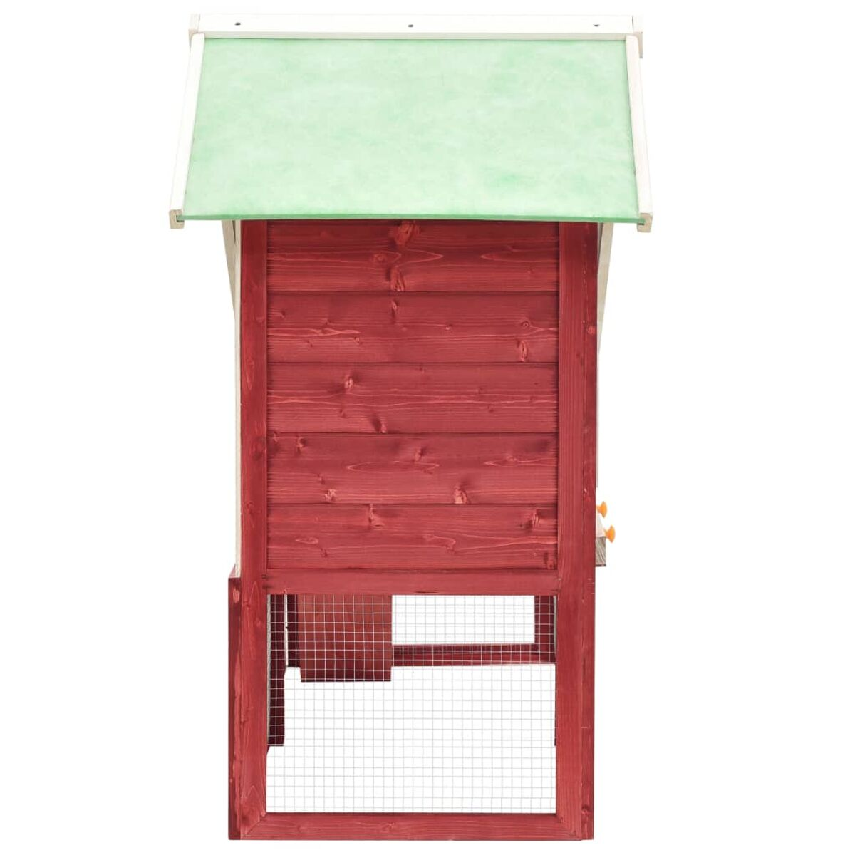 Ein roter Hühnerstall aus Holz mit grünem Dach und Drahtgeflecht, vor weißem Hintergrund.
