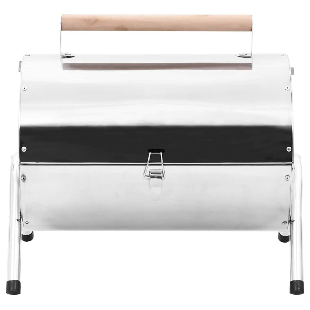 Griglia in acciaio inox argentato con manico in legno. Forma arrotondata, gambe e manico visibili.