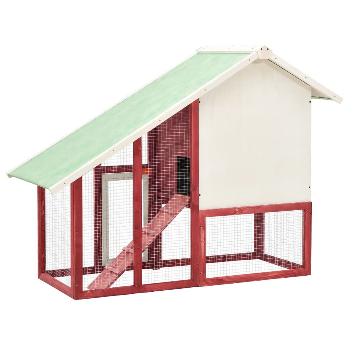 Hühnerstall aus Holz mit grünem Dach und roter Verkleidung. Drahtgitterseiten, weiße und rote Paneele, isoliert.