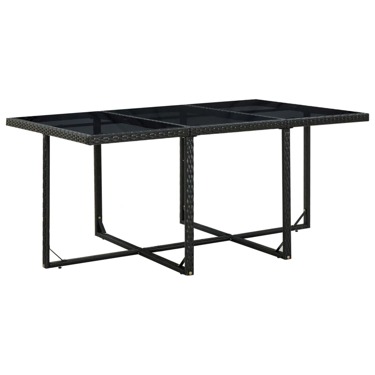 Schwarzer Outdoor-Tisch aus Rattan mit Glasplatte und Metallrahmen. Seitenansicht.