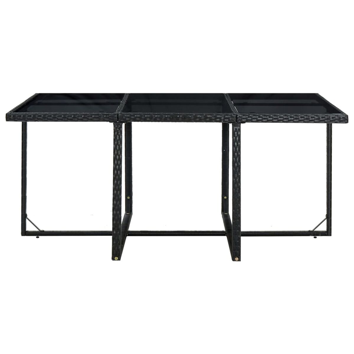 Schwarzer Korbtisch mit Glasplatte. Er ist rechteckig und hat drei Beine auf jeder Seite.