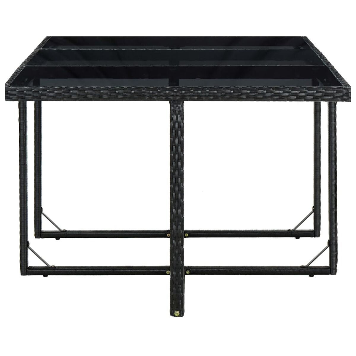 Schwarzer quadratischer Outdoor-Tisch mit Glasplatte. Gewebter Rahmen und Beine.