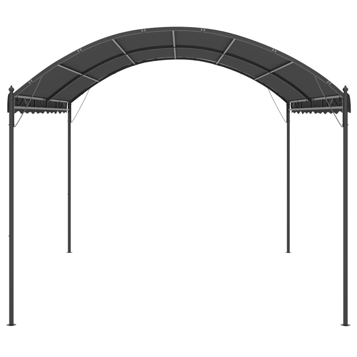 Schwarzer Pavillon mit gewölbter Oberseite. Die Stützpfosten sind schwarz, mit Knauf. Schwarzes Stoffdach.
