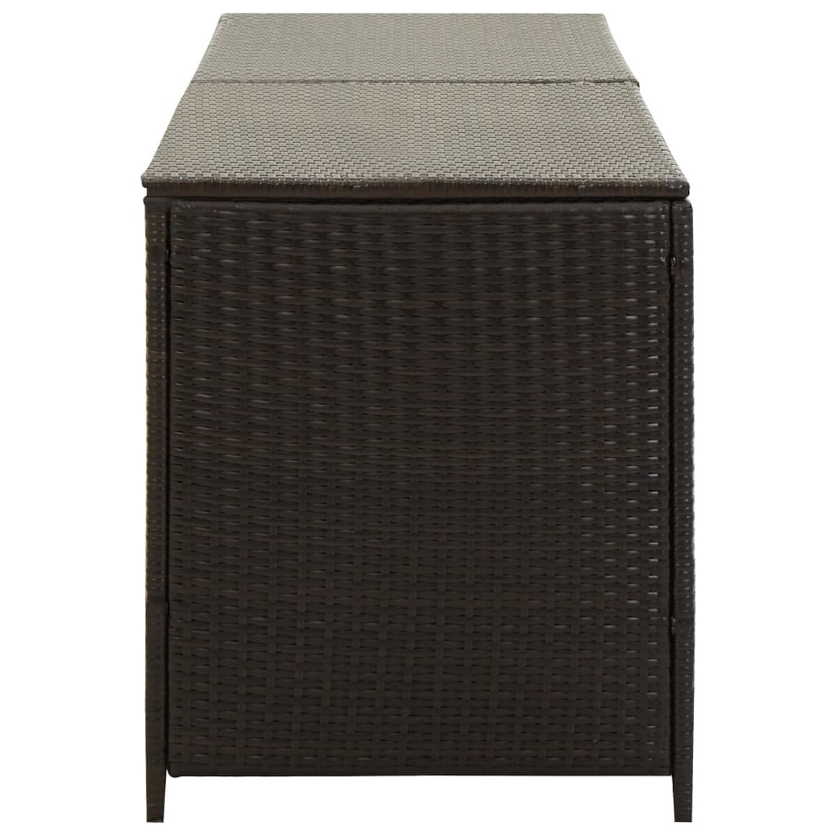 Braune Outdoor-Aufbewahrungsbox mit Deckel. Korbgeflecht-Textur, rechteckige Form, Seitenansicht.