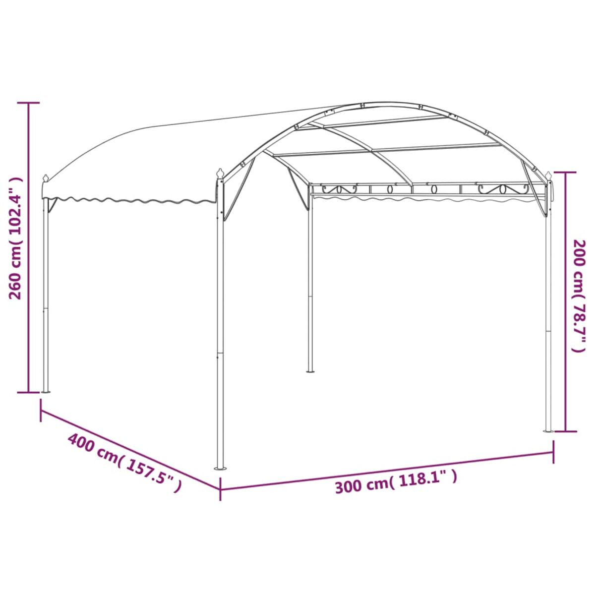 Ein Diagramm eines weißen Outdoor-Vordachs. Es zeigt Abmessungen und hat ein gebogenes Dach und vier Beine.
