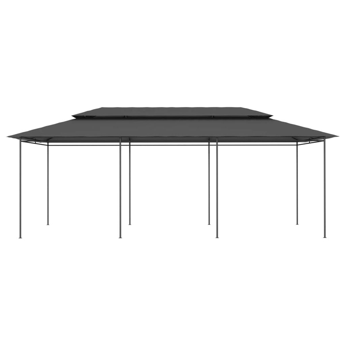 Ein grauer Pavillon mit zweistufigem Dach. Er hat sechs Stützpfosten und steht vor weißem Hintergrund.