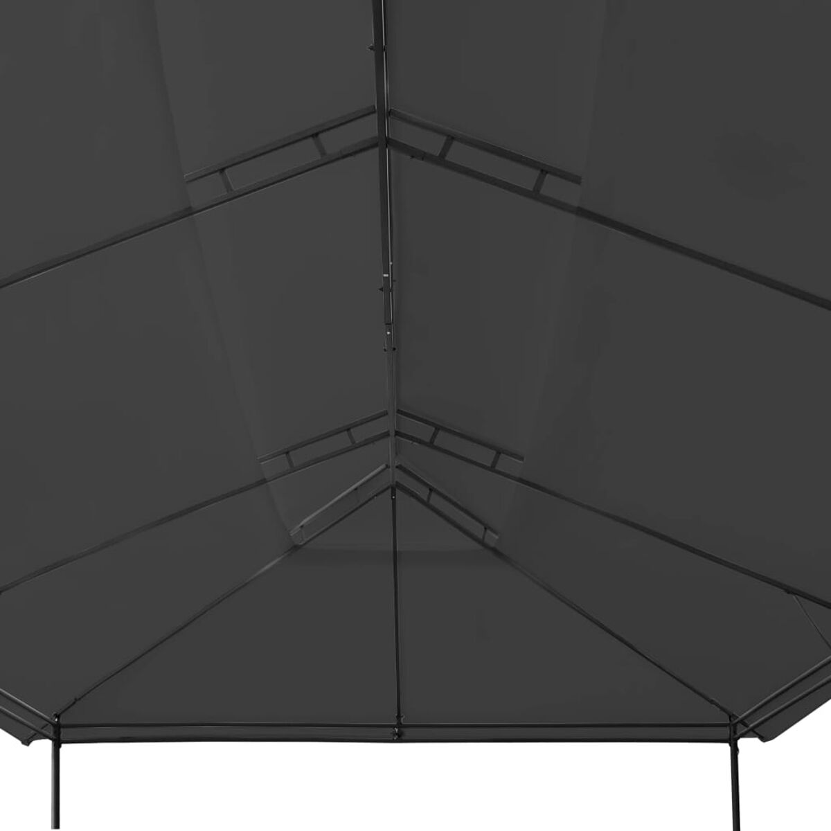 Nahaufnahme des Dachrahmens eines Pavillons. Schwarze Metallstangen bilden ein Muster.