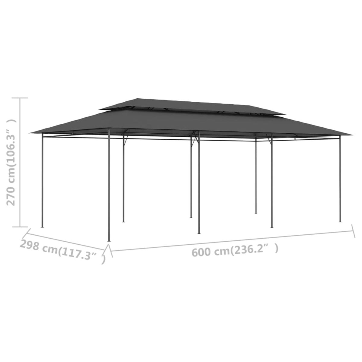 Ein großer, dunkelgrauer Outdoor-Pavillon mit doppeltem Dach. Abmessungen sind angegeben.