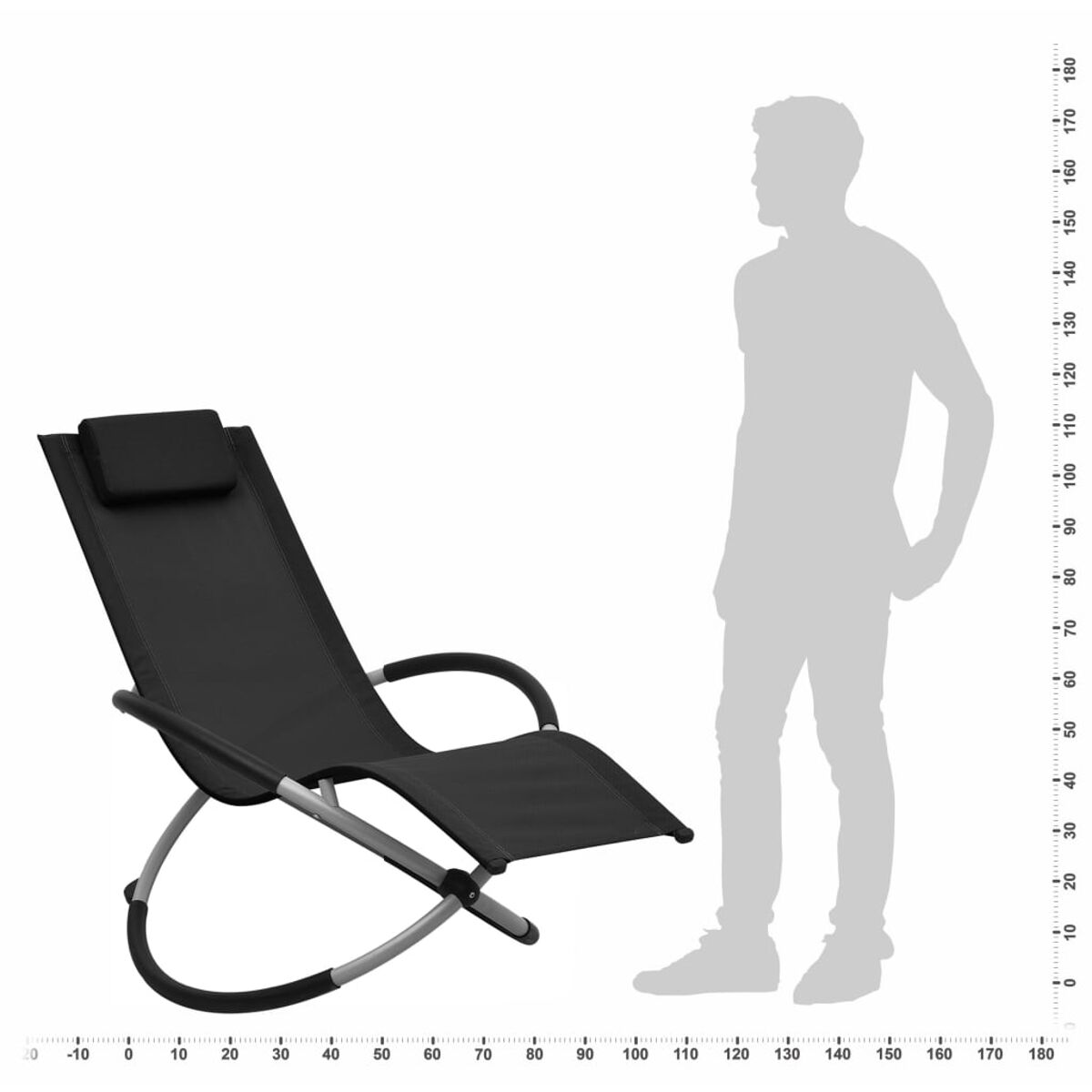 Schwarzer Liegestuhl und eine Silhouette einer Person neben einer Skala.