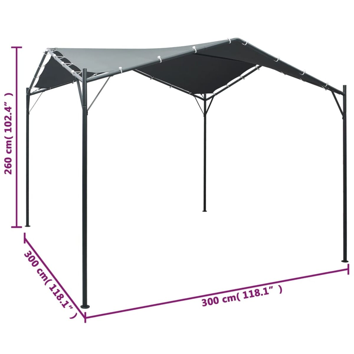Grauer Pavillon mit schwarzem Rahmen. Abmessungen in cm werden angezeigt.