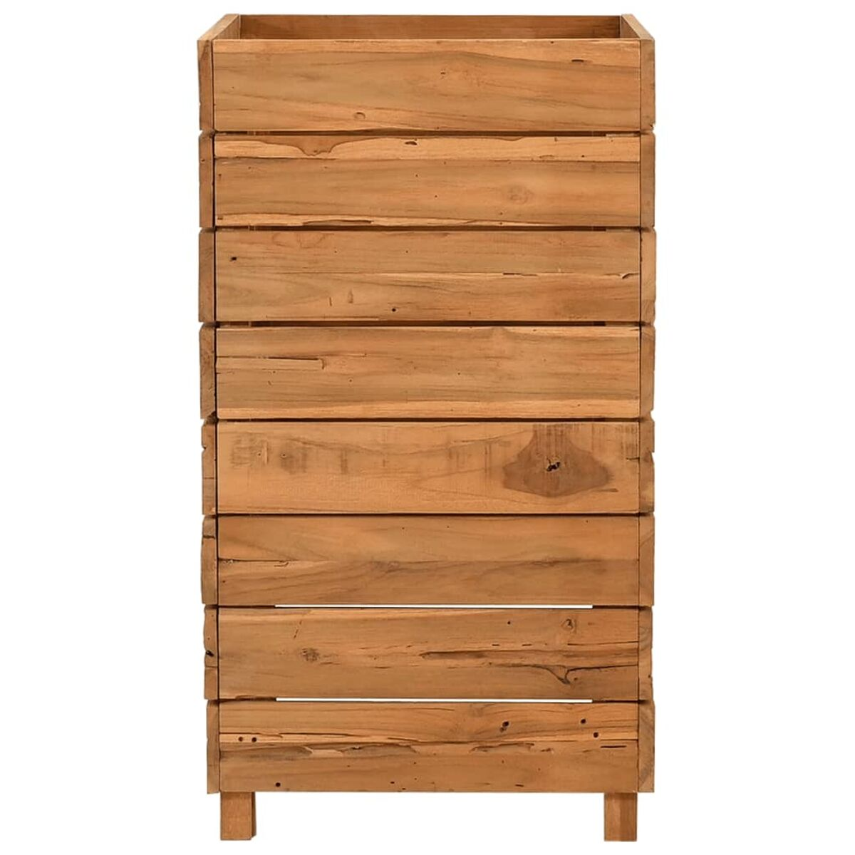 Hoher Pflanzkasten aus Holz. Vertikale Holzlatten, natürliche Holzfarbe.