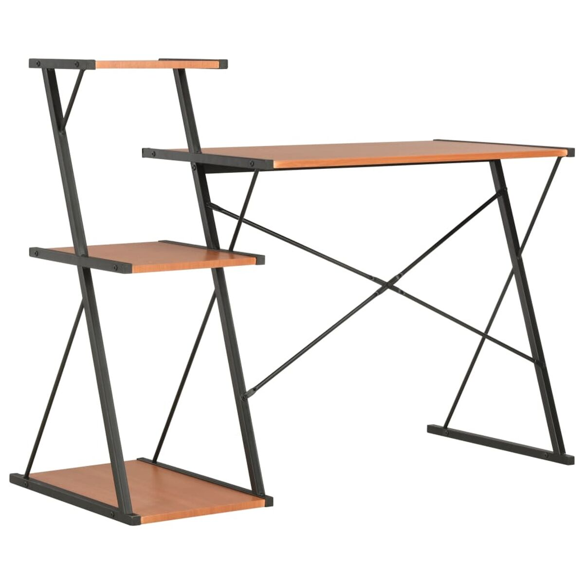 Schwarz-brauner Schreibtisch mit mehrstöckigem Seitenregal.