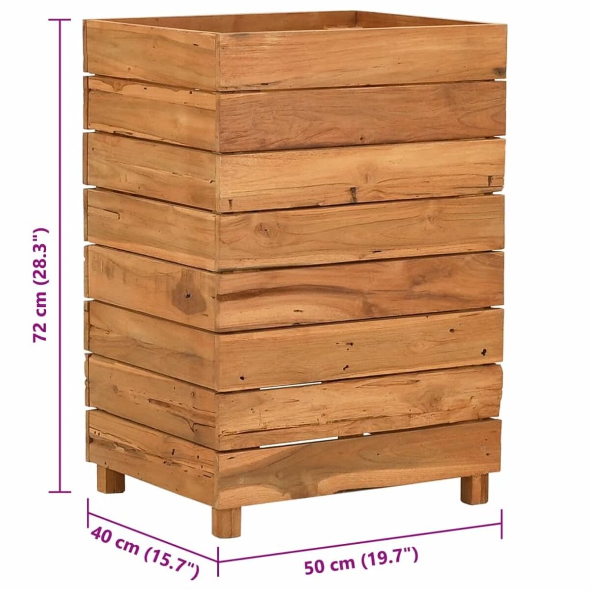 Pflanzkasten aus Holz. Gestapelte Holzbretter bilden eine quadratische Form. Die Box ist hellbraun.