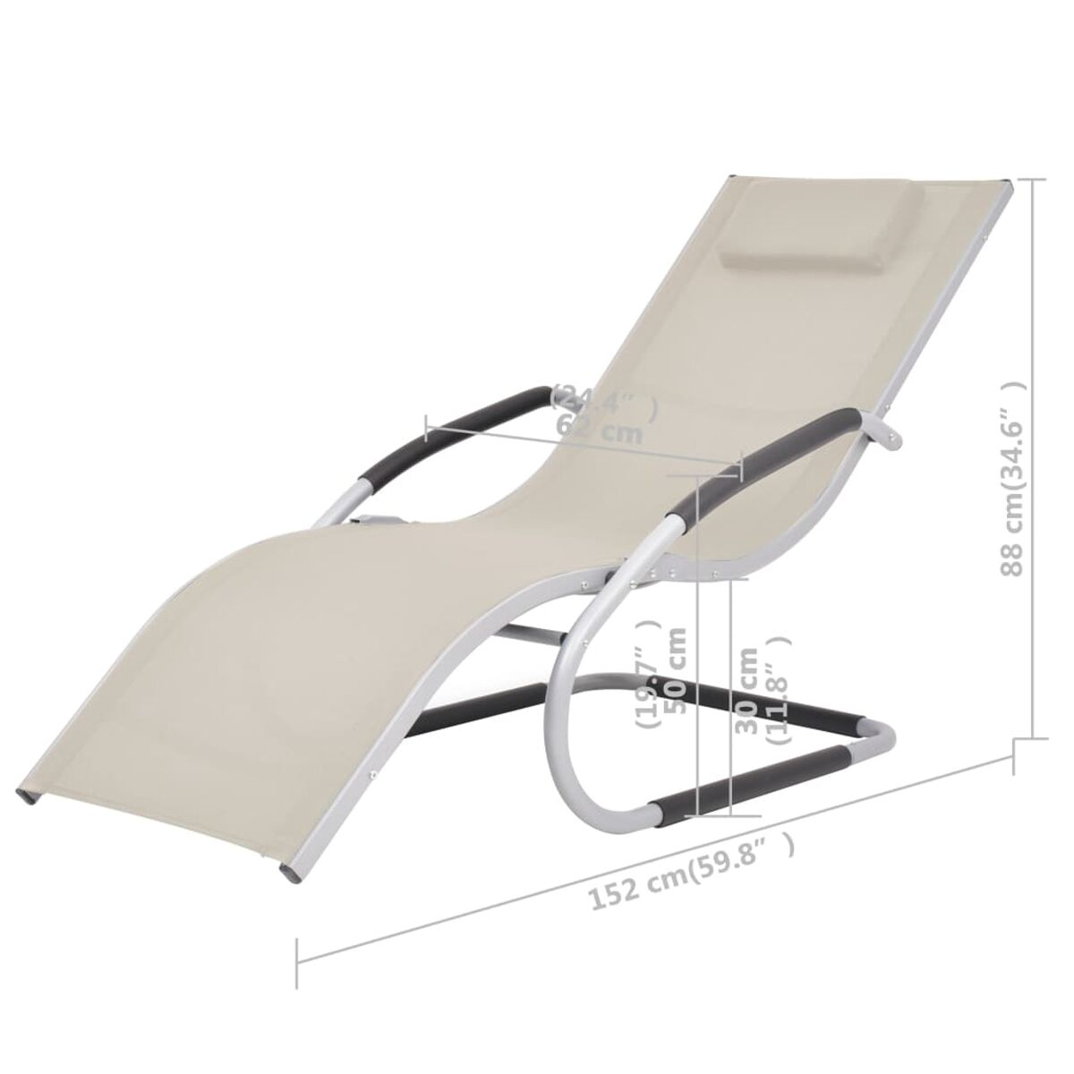 Beige Chaiselongue mit schwarzen Akzenten. Abmessungen werden angegeben, Länge und Höhe zeigend.