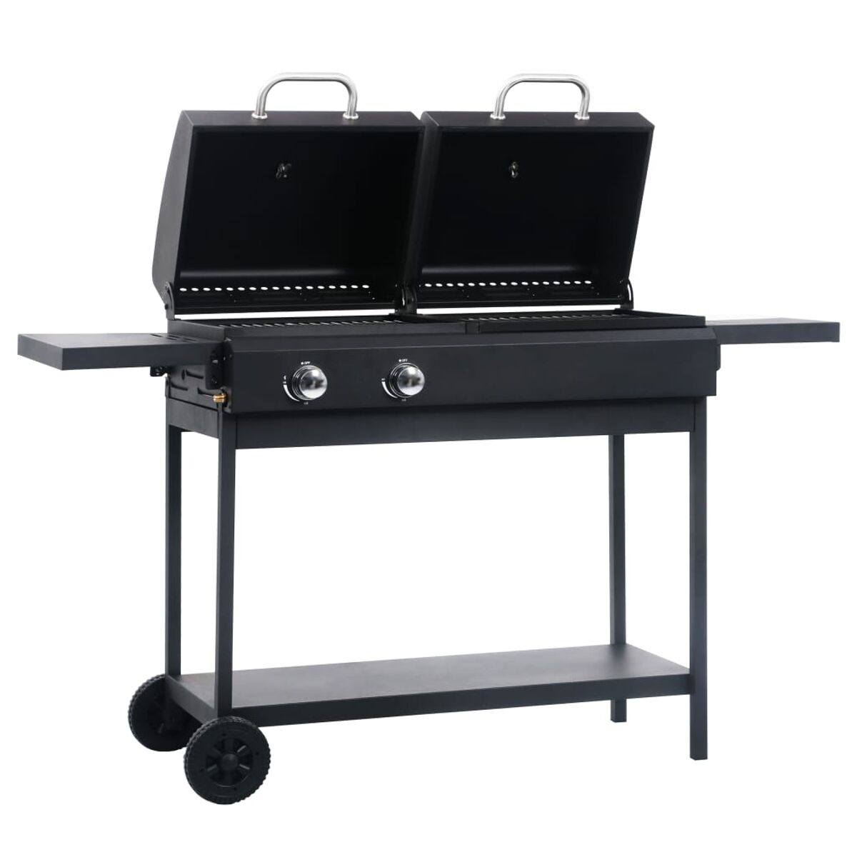 Schwarzer Grill mit zwei offenen Deckeln. Er hat ein Regal und Räder, vor weißem Hintergrund.