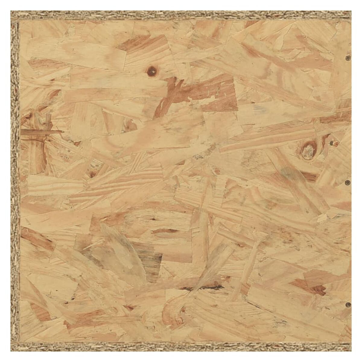 OSB-Holzplatte mit sichtbaren Holzspänen und gerahmtem Rand, von oben betrachtet.