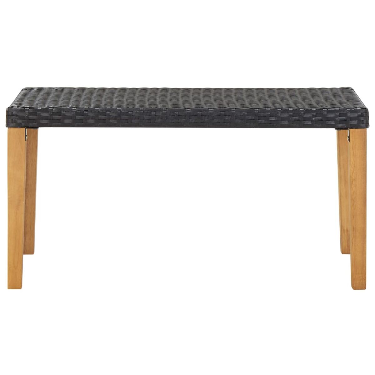 Schwarze Korbsitzbank mit Holzbeinen auf weißem Hintergrund.