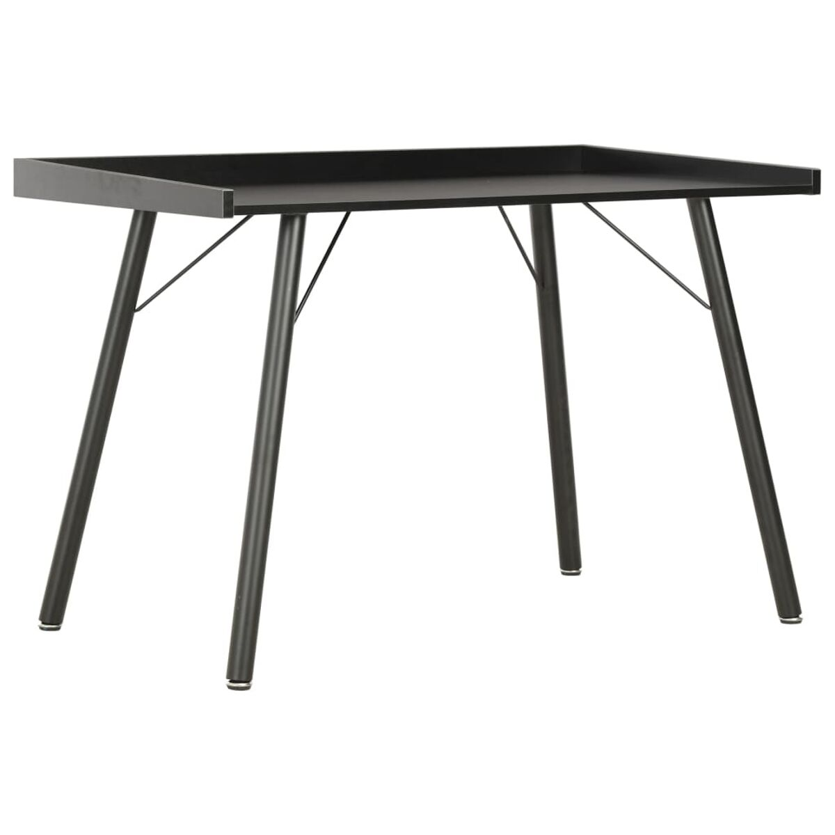 Ein schwarzer Metalltisch mit vier Beinen. Er hat eine quadratische Platte und ein einfaches Design.