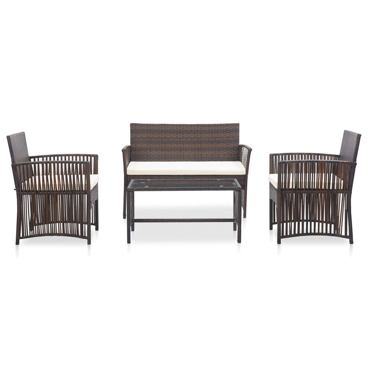 Geflochtenes Outdoor-Sitzgruppen-Set: ein Sofa, zwei Stühle und ein Tisch.