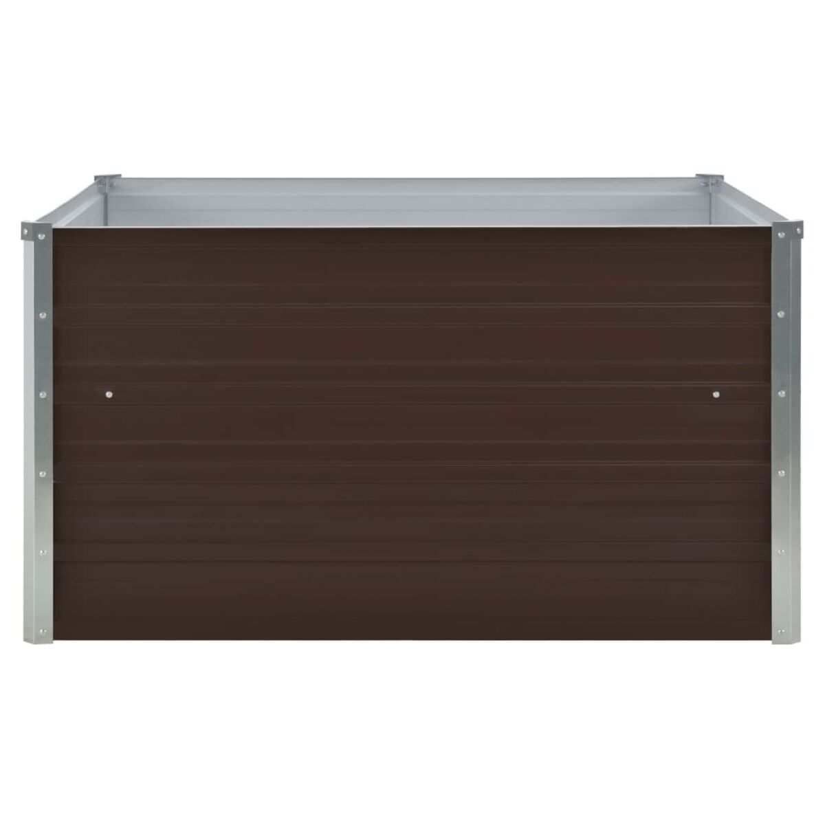 Braunes Hochbeet aus Metall, rechteckige Form, mit silberfarbenem Metallrahmen.
