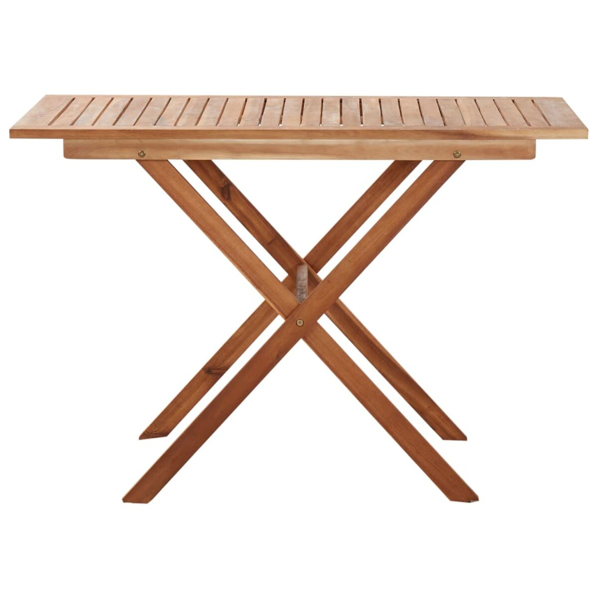 Klapptisch aus Holz mit Lamellenplatte und schrägen Beinen. Die Beine sind gekreuzt.