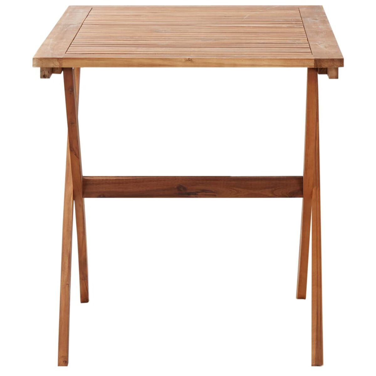 Quadratischer Holztisch mit Lattenrost und Klappbeinen. Es ist auf weißem Hintergrund.