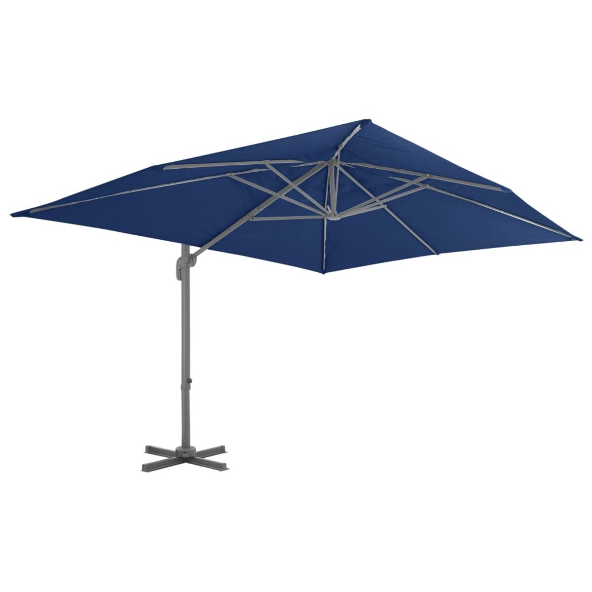 Blauer, quadratischer Sonnenschirm mit silbernem Gestell, getragen von einer Mittelsäule.